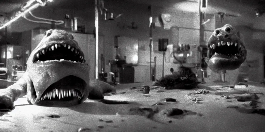 Image similar to a scary filmic wide shot color ground level angle movie still 35mm film photograph of the full body of a screaming and angry dangerous shape shifting alien creature, with multiple mutated snarling drooling human faces with a grotesque variety of human and animal limbs protruding from its lower torso inside of a 1970s science lab, neon lights, dirty, ektachrome photograph, volumetric lighting, f8 aperture, cinematic Eastman 5384 film