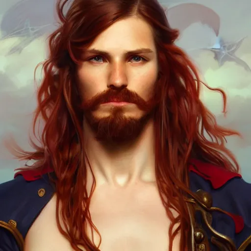 Image similar to portrait of a young pirate captain, male, masculine, handsome, upper body, red hair, long hair, cheerful, D&D, fantasy, intricate, elegant, highly detailed, digital painting, artstation, concept art, sensual, matte, sharp focus, illustration, art by Artgerm and Greg Rutkowski and Alphonse Mucha