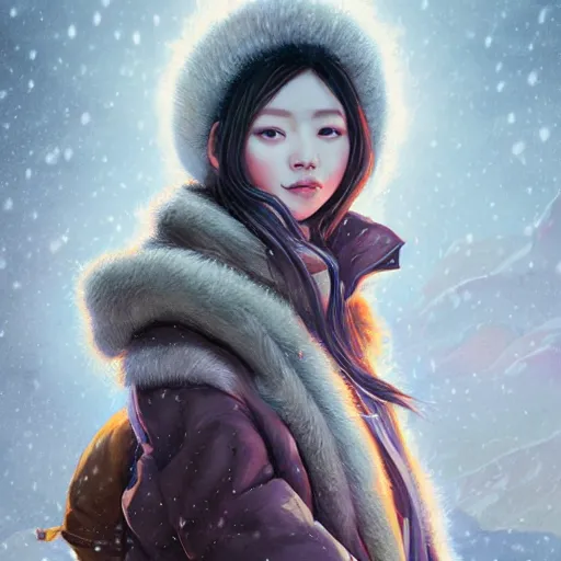 Prompt: the portrait a beautiful grocery young asia woman in down jacket, with a goosethe background is dust earth road ， river winter an snow, illustration by wenjun lin, irakli nadar, bright colors, octopath traveler, wenjun lin, unreal engine 5 highly rendered, global illumination, radiant light, detailed and intricate environment