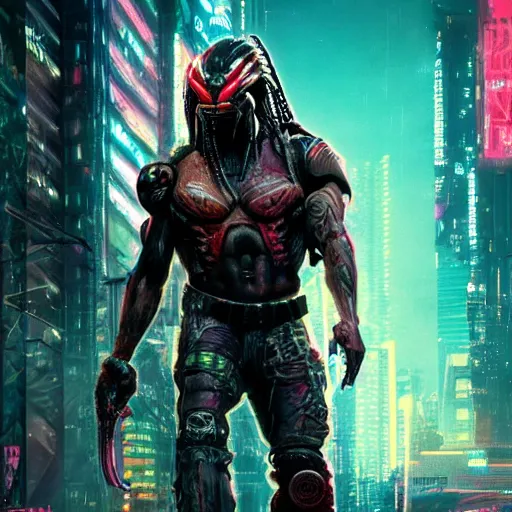 Image similar to high quality photo of The Predator in a cyberpunk cyberpunk cyberpunk city, realism, 8k, award winning photo