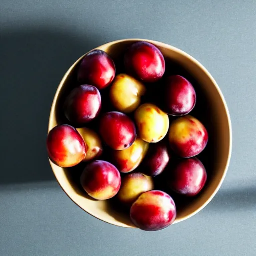 Image similar to photo of a thick porcelain bowl filled with a few moist freshly picked plums on a wooden table. volumetric lighting. 4 k. small scale. realistic. top down.