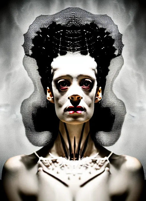 Image similar to high key lighting portrait of a bride of frankenstein, kintsugi, modern fine art, fractal, intricate, highly detailed, digital photography,