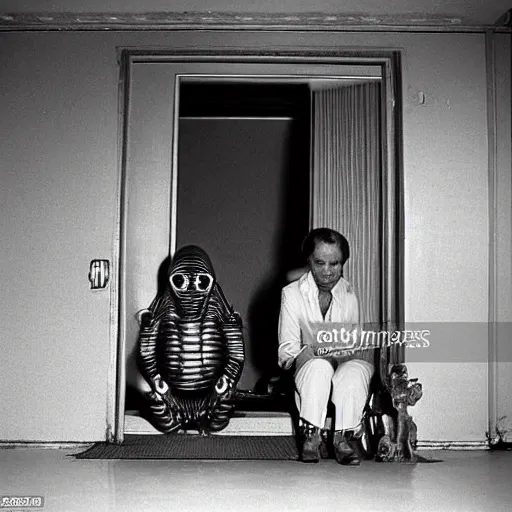 Image similar to an alien is sitting in the entrance of a soviet house, eating seeds and drinking beer, top secret style photo, 7 0 s