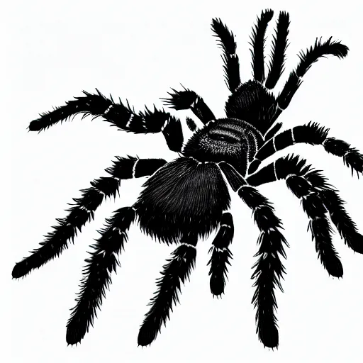 Image similar to book illustration of a tarantula with a machine gun mounted on its back. book illustration, monochromatic, white background, black and white image