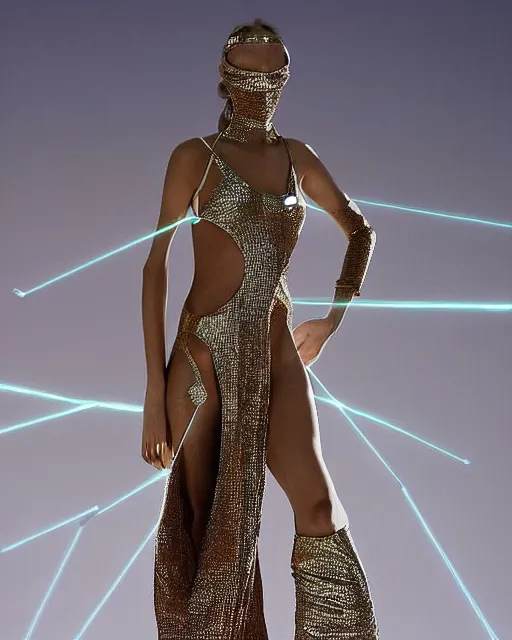 Image similar to standing in an abstract desert dunes criss-crossed with razor-thin lasers and threads, a young beautiful elegant blindfolded fashion model woman wearing posing in a splendid shiny metallic party dress, face and eyes obscured by a floating mid-air laserbeams and geometry