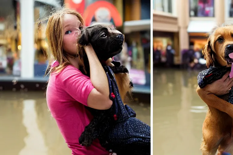 Image similar to closeup portrait of a girl carrying a dog over her head in a flood in Rundle Mall in Adelaide in South Australia, photograph, natural light, sharp, detailed face, magazine, press, photo, Steve McCurry, David Lazar, Canon, Nikon, focus