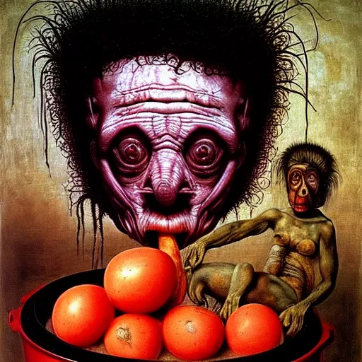 Image similar to a boy like eraserhead and elephant man sitting in a tub full of tomato sauce, looking straight into camera, screaming in desperation, by giuseppe arcimboldo and ambrosius benson, renaissance, fruit, intricate and intense oil paint, a touch of beksinski and hr giger, realistic