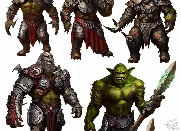 Image similar to three different views of orcs in armour, intricate! beautiful colourful digital concept art by senior character artist, trending on artstation, artstation hd, full body