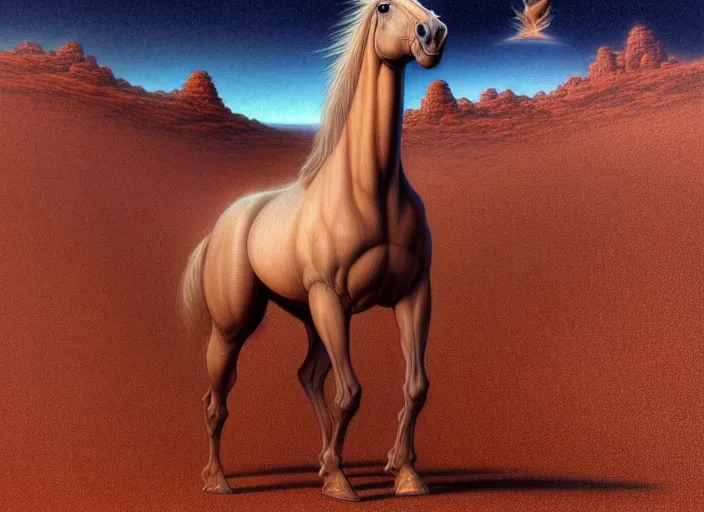 Image similar to horse standing in desert, intricate, elegant, highly detailed animal, digital painting, artstation, concept art, smooth, sharp focus, illustration, art by artgerm, bob eggleton, michael whelan, stephen hickman, richard corben, wayne barlowe, trending on artstation and greg rutkowski and alphonse mucha, 8 k