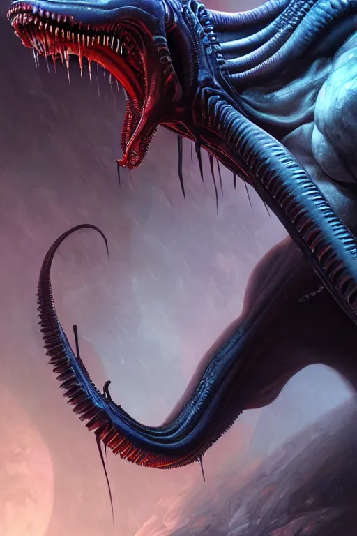 Prompt: demoniac alien xenomorph, close - up portrait, intricate, elegant, volumetric lighting, scenery, digital painting, highly detailed, artstation, sharp focus, illustration, concept art, luis rollo, ruan jia, steve mccurry, john berkey