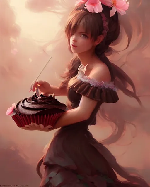 Image similar to a ( ( girl as personification of chocolate cupcake ) ), beauty, fantasy bakery, digital painting by krenz cushart, greg rutkowski, artgerm, laurie greasly, wlop, intricate, highly detailed!!, sharp focus, smooth, epic composition, joyful, unreal engine, masterpiece, 8 k, interesting background