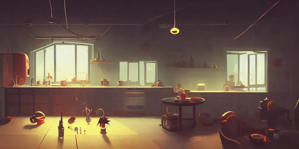 Prompt: cute solitary kitchen dim lit by a candle ripped physique simon stalenhag gerald brom bastien grivet by greg rutkowski, game background, fisheye lens, high angle view, curved lines