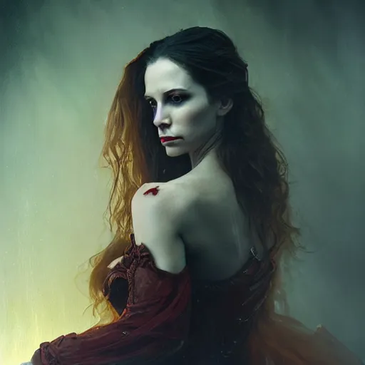 Image similar to majestic gracious regal aristocratic female vampire portrait, atmospheric lighting, painted, ravenous, tempestuous, menacing, intricate, volumetric lighting, beautiful, rich deep colours masterpiece, golden hour, sharp focus, ultra detailed, by leesha hannigan, ross tran, thierry doizon, kai carpenter, ignacio fernandez rios