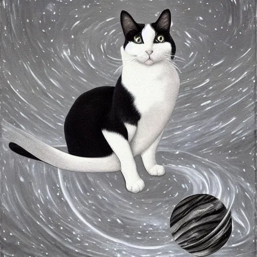 Image similar to a painting of a black and white cat in a scenic environment by johfra bosschart, hyperdetailed, beautiful, stars, planets, nebula, trending on artstation