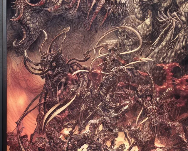 Prompt: hyper detailed illustration of an army of demons, intricate linework, lighting poster by moebius, ayami kojima, 90's anime, retro fantasy