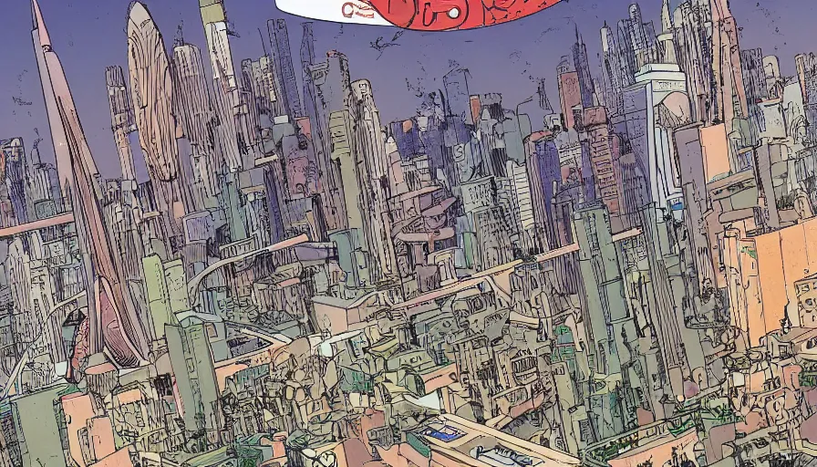 Image similar to ligne claire art of a future city intertwined with nature, street-level view, by Moebius, Eisner award-winning spread