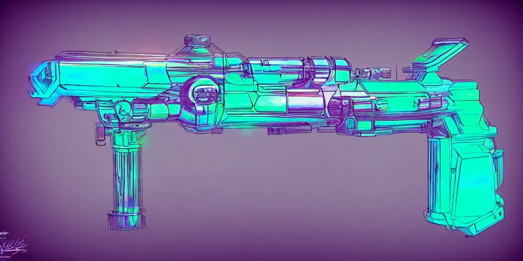 Image similar to unstable exotic matter powered sci - fi ray - gun concept, well defined mechanical features, triadic chrome shading, iridescent pastel liquid energy tank, dark background, softglow, sharp focus, full device, vintage style, charcoal and champagne