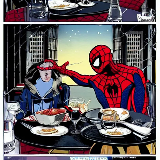 Image similar to spider man in a romantic dinner with an emperor penguin