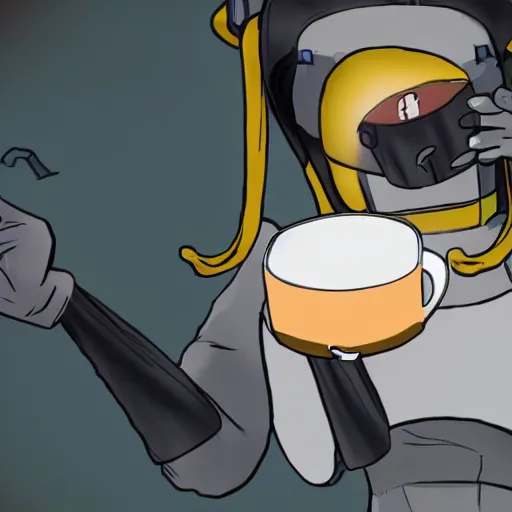 Image similar to photo of glados drinking tea, realistic, sharp focus