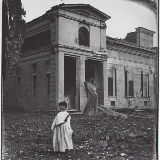 Image similar to 1860 photo of an ancient demon-girl devouring his own soul on an abandoned hospital, spooky