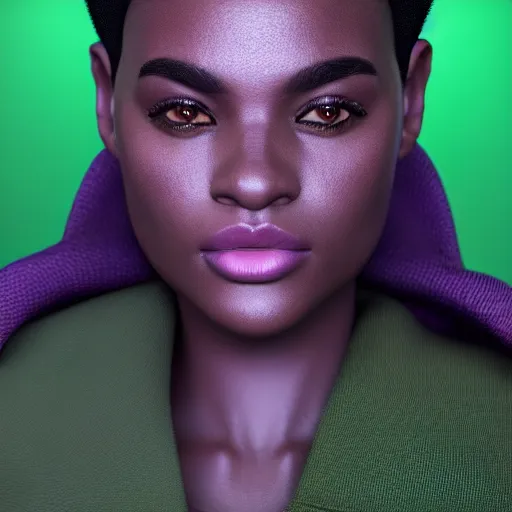 Image similar to black woman with grey bob hairstyle, purple eyes, wearing dark green bomber jacket, realistic 4 k octane beautifully detailed render, 4 k post - processing, highly detailed, intricate complexity, epic composition, magical atmosphere, cinematic lighting, masterpiece, ultra hd