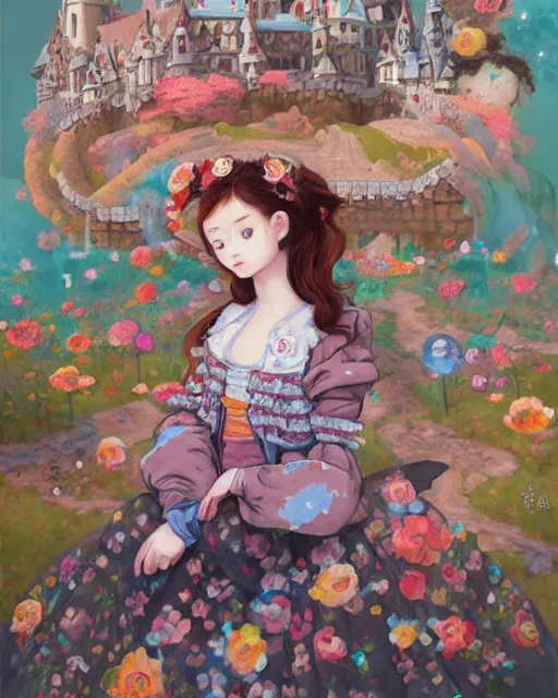 Prompt: a painting of a cute girl with a castle in her hands, poster art by Hikari Shimoda, featured on pixiv, pop surrealism, whimsical, rococo, maximalist