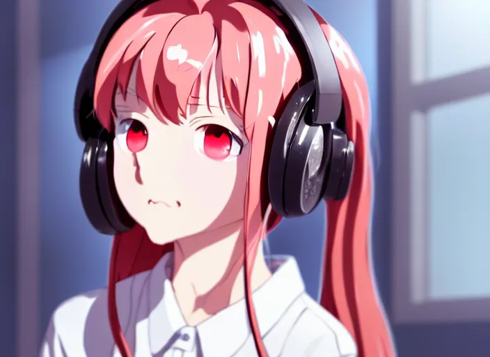 Prompt: a film still portrait of a white long hair red eyed young cute girl wearing a headset in a room interior, closeup, perfect art, gapmoe yandere, trending on pixiv fanbox, painted by makoto shinkai takashi takeuchi studio ghibli