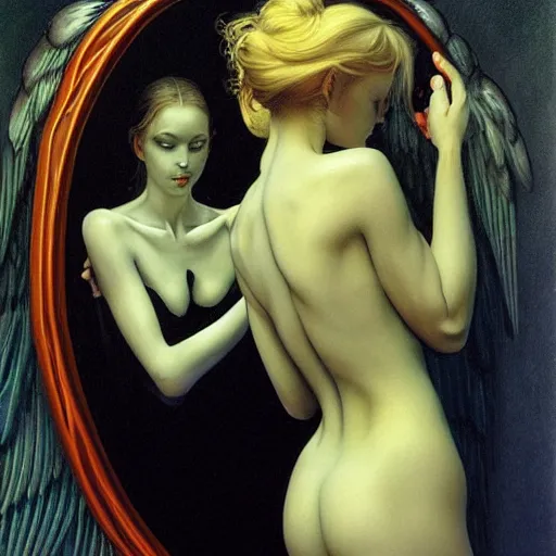 Image similar to Two angels looking at the mirror beautiful artwork by Gerald Brom