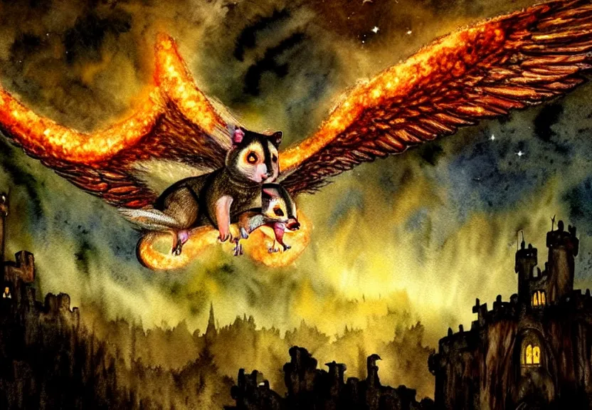 Image similar to legendary fire winged possum flying over a medieval forest castle at night under the dark starred sky, dark fantasy, watercolor, dreaming illusion, highly detailed, 4k, trending on Artstation