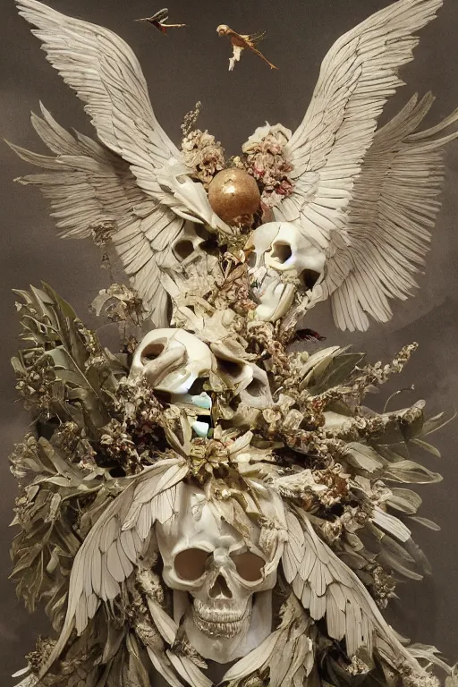 Prompt: A flying icarus reaching for the sun with a skull mask and wings as a corrupted and glitched Greek sculpture, glowing quartz crystal skull, wreath of ferns, abstract milky quartz eyes, many large flying monster eyes, flowing sakura silk, fabric, flowers. baroque elements, human skull. full-length view. baroque element. intricate artwork by caravaggio. many many birds birds on background. Trending on artstation. halo. octane render, cinematic, hyper realism, octane render, 8k, depth of field, 3D