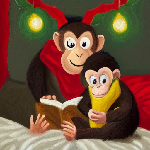 Image similar to a banana wearing a Christmas sweater reading a bedtime story to a monkey, oil painting, realistic