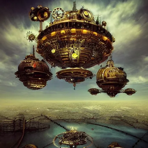 Prompt: flying city in a mechanical flower, sky, steampunk, fantasy art, steampunk, masterpiece, octane