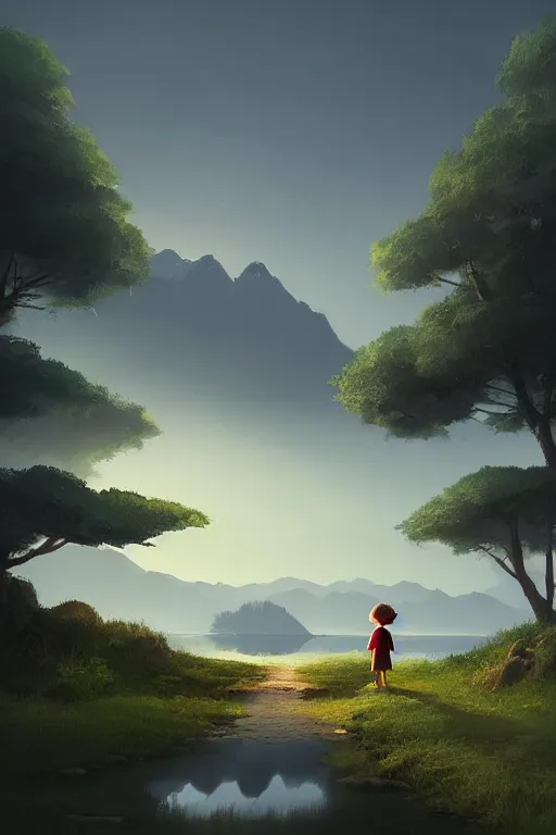 Image similar to beautiful matte painting by goro fujita concept art fantasy path mountains and meadow in the background near a lake reflecting the trees, atmospheric lighting, painted, intricate, volumetric lighting, beautiful, rich deep colors masterpiece, sharp focus, ultra detailed by