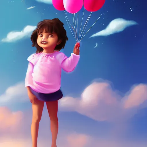 Prompt: a little girl child holding balloons and flying in the sky , dream ,magical, concept art trending on artstation,