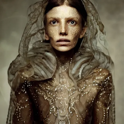 Prompt: full shot of a regal brown woman wearing an intricate armor made of many layers of ice. no makeup!! freckles!! haunting eyes. vulnerable. fragile. ethereal. elaborate. ice caves. glaciers. refracted light. extremely soft lighting. textures. delicate. translucent. by ray cesar. by louise dahl - wolfe. by andrea kowch. surreal photography.