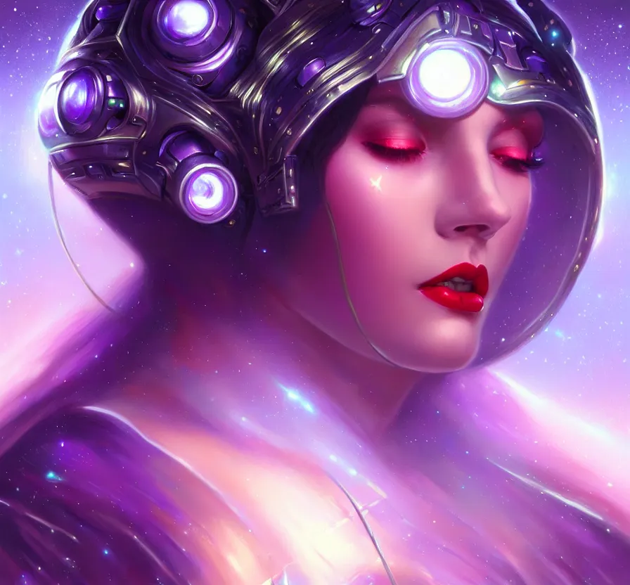 Image similar to beautiful cyber female with purple mechanic eyes and red lips, face, sci - fi, metal skinn, constellation geometry space mandal background, breathtaking stars, elegant, highly detailed, digital painting, artstation, concept art, smooth, sharp focus, spiritual art, art by artgerm and greg rutkowski and alphonse mucha, psychedelic, illustration, painting oil,