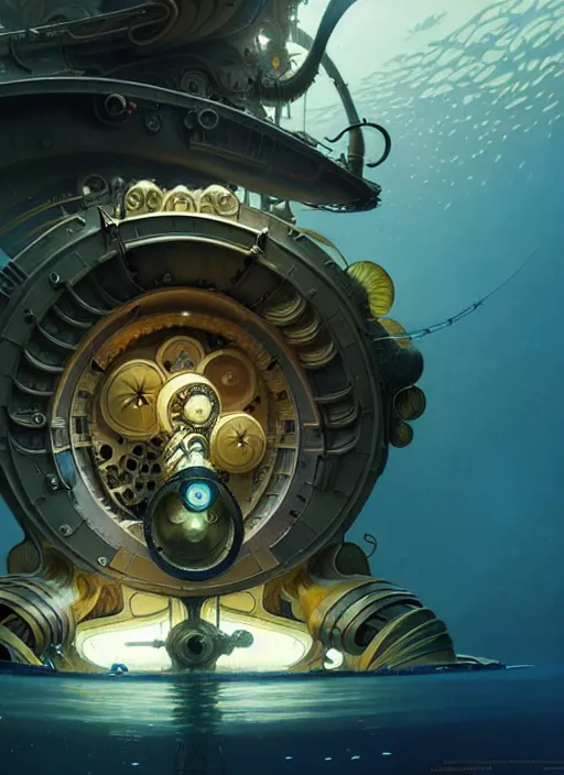 Image similar to epic concept illustration, highly detailed, intricate mechanical design, hard science concept art, underwater nautilus submarine being prepared for launch, by greg rutkowski and alphonse mucha. uhd, cinematic lighting, amazing depth, cinematography by 2 0 1 7