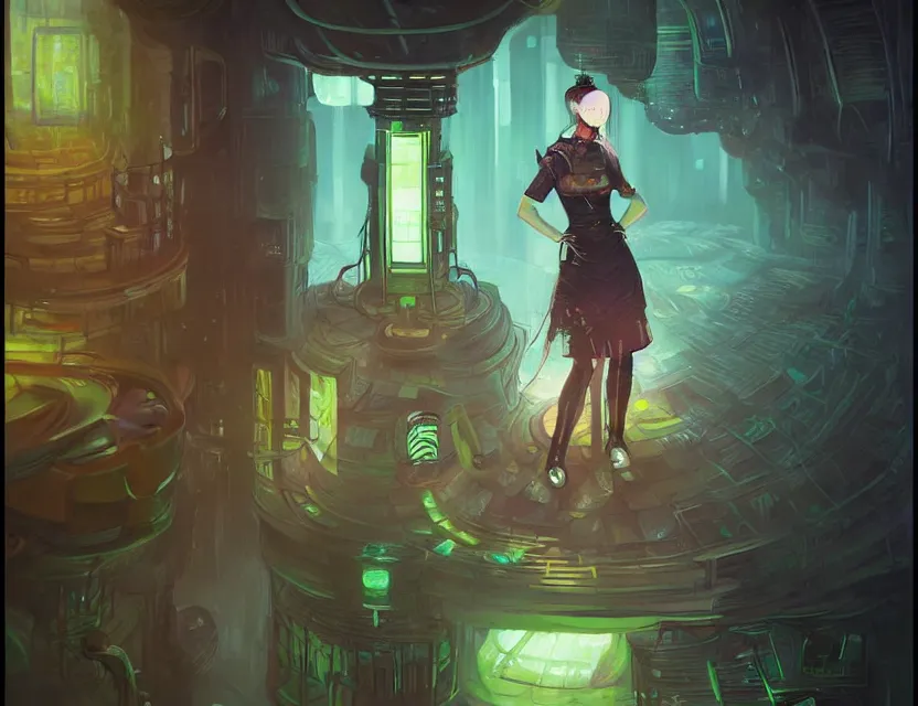 Image similar to viking scifi pastry chef in a cloud forest cafe, wearing a lovely dress with cyberpunk elements. this oil painting by the award - winning mangaka has an interesting color scheme and impeccable lighting.