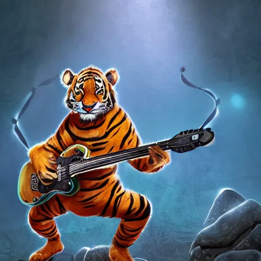 Image similar to illustration of a anthropomorphic tiger in a rock outfit strumming an electric guitar, dslr, 8 k, octane beautifully detailed illustration, cold lighting, cinematic lighting, detailed poster, masterpiece, volumetric lighting, ultra realistic, highly detailed, high quality, lossless