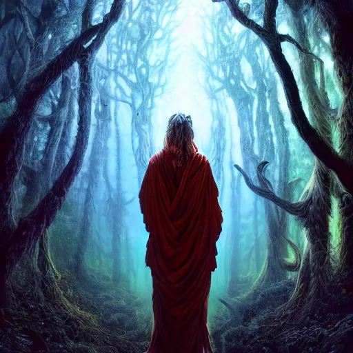 Prompt: Photorealistic demon god standing in an enchanted magical forest in the style of Michael Whelan and Gustave Dore. Hyperdetailed photorealism, 108 megapixels, amazing depth, glowing rich colors, powerful imagery, psychedelic Overtones, 3D finalrender, 3d shading, cinematic lighting, artstation concept art