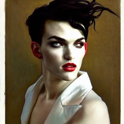 Image similar to exquisite portrait of androgynous ruby rose as desire from sandman in a white tuxedo!!!, rockabilly style,, by alphonse mucha, by jeremy mann, by peter lindbergh, dave mckean, by frank moth, white suit and black tie, soft lightning, high detailed, 8 k