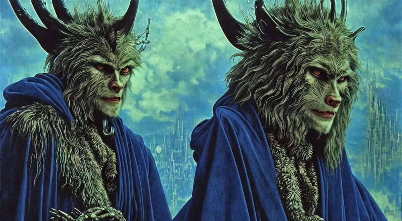 Prompt: realistic detailed portrait movie shot of a wolfman wearing dark robes, sci fi city landscape background by denis villeneuve, amano, yves tanguy, alphonse mucha, ernst haeckel, max ernst, roger dean, masterpiece, rich moody colours, blue eyes, occult