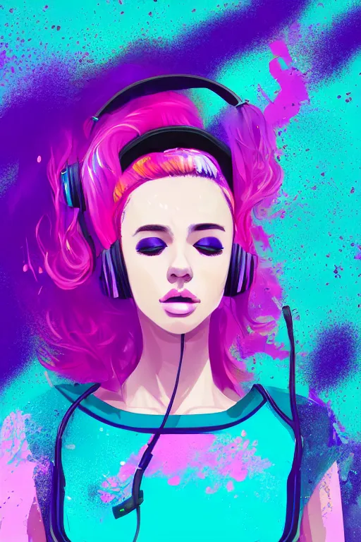 Image similar to a award winning half body portrait of a beautiful woman in a croptop and cargo pants with ombre purple pink teal hairstyle with head in motion and hair flying listenin to music on headphones by wlop, paint splatter, outrun, vaporware, shaded flat illustration, digital art, trending on artstation, highly detailed, fine detail, intricate