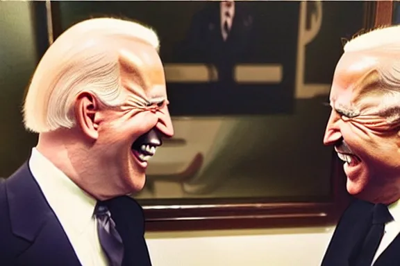 Image similar to “ very very intricate photorealistic photo of hitler and joe biden laughing together, detailed natural lighting, award - winning crisp details ”