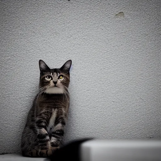 Prompt: A high resolution photo of a cat staring at a wall, photorealistic, ambient light, close up,
