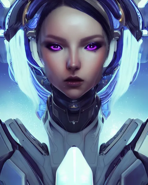 Image similar to perfect android girl on a mothership, warframe armor, beautiful face, scifi, futuristic, galaxy, nebula, raytracing, dreamy, long white hair, blue cyborg eyes, sharp focus, cinematic lighting, highly detailed, artstation, divine, by gauthier leblanc, kazuya takahashi, huifeng huang