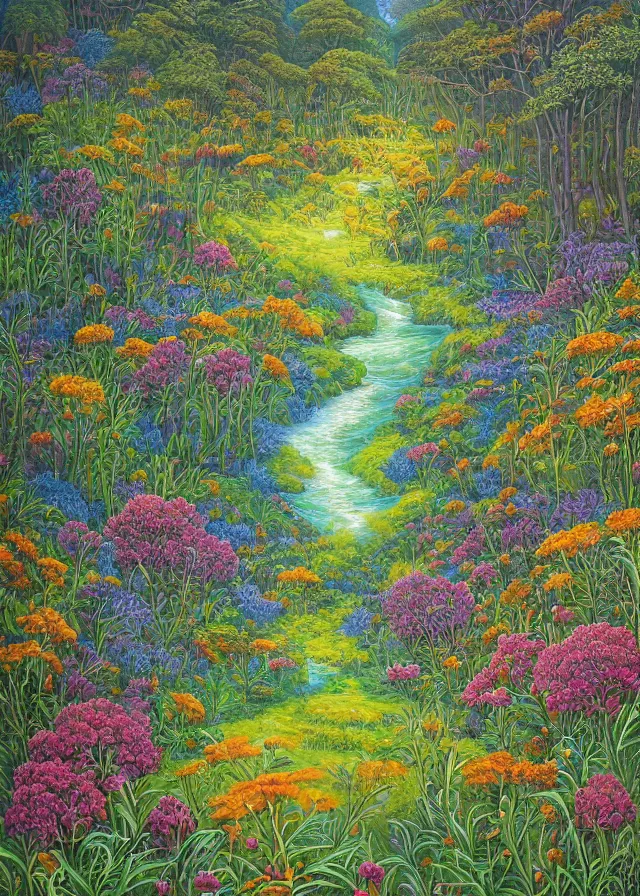 Prompt: beautiful forest flower meadow with a stream landscape painted by Alex Grey