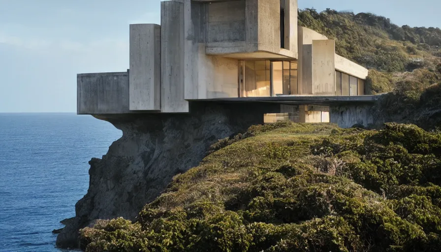 Image similar to coastal perched on a cliff overlooking a magnificient bay, brutalism architecture, drawing architecture, pritzker architecture prize, greig fraser