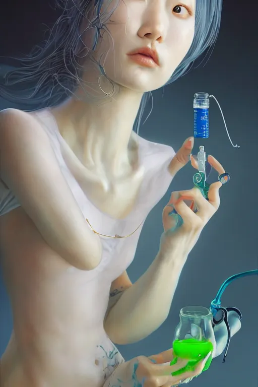 Image similar to hyperrealistic photography of a gorgeous female doctor holding a syringe containing green liquid in the style of jin kagetsu, james jean, chris cunninham, hans bellmer and wlop, highly detailed, face symmetry, masterpiece, award - winning, sharp focus, intricate concept art, ambient lighting, 8 k, artstation