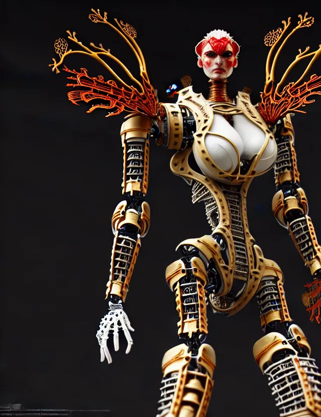 Prompt: complex 3 d render of a beautiful porcelain robot - witcher warrior steampunk. red gold and black, fractal veins. dragon cyborg, 1 5 0 mm, beautiful natural soft light, rim light, gold fractal details, fine lace, mandelbot fractal, anatomical, glass, facial muscles, elegant, ultra detailed, metallic armor, octane render, depth of field